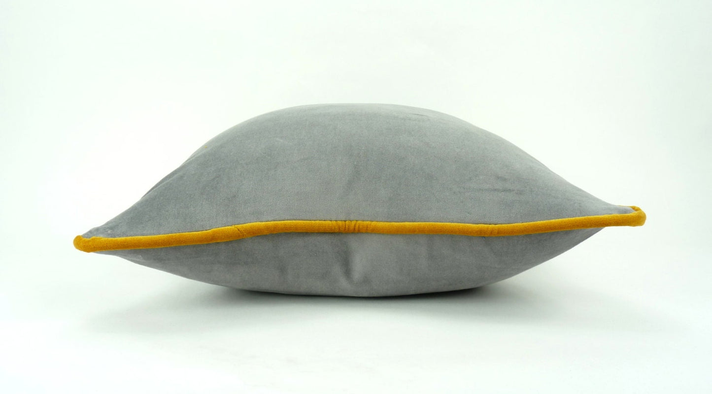 Grey and yellow pillow case // grey velvet piping pillow // grey and mustard velvet