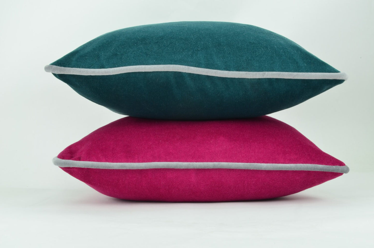 Teal green velvet pillow // green and grey velvet pillow // grey piping cushion case