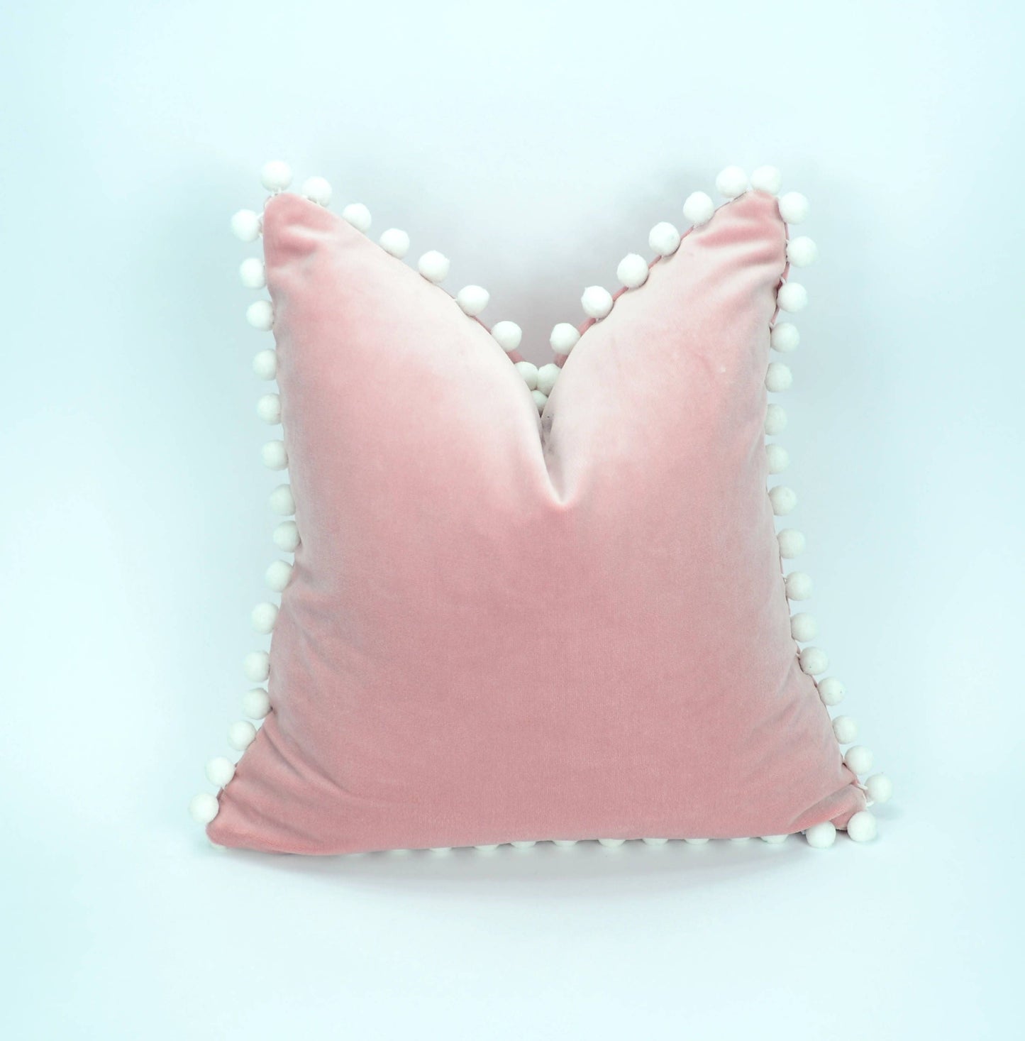 Blush velvet with white pom poms // blush with white pom poms // pink pillow with white pom poms // pink and white // white pom poms