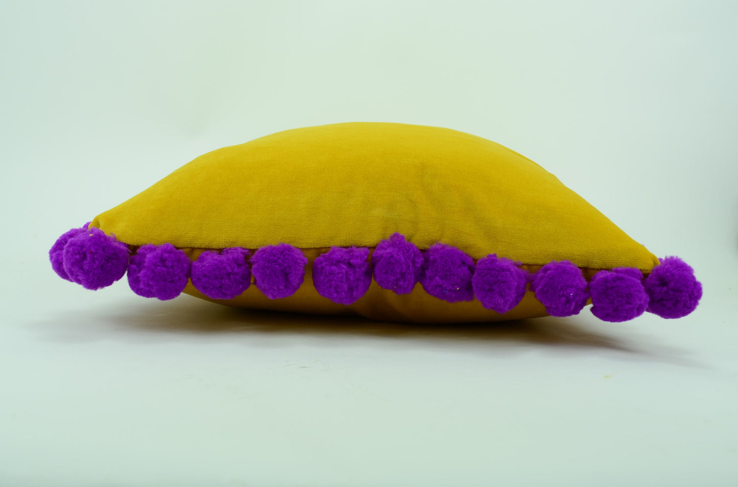 Yellow pom pom cushion cover // jumbo pom pom pillow // yellow and purple pillow cover