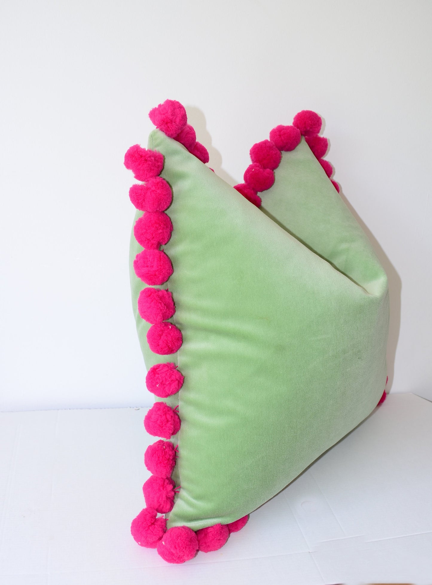 Mint green pom pom cushion cover // jumbo pom pom pillow // green and pink pillow cover // green velvet pillow cover