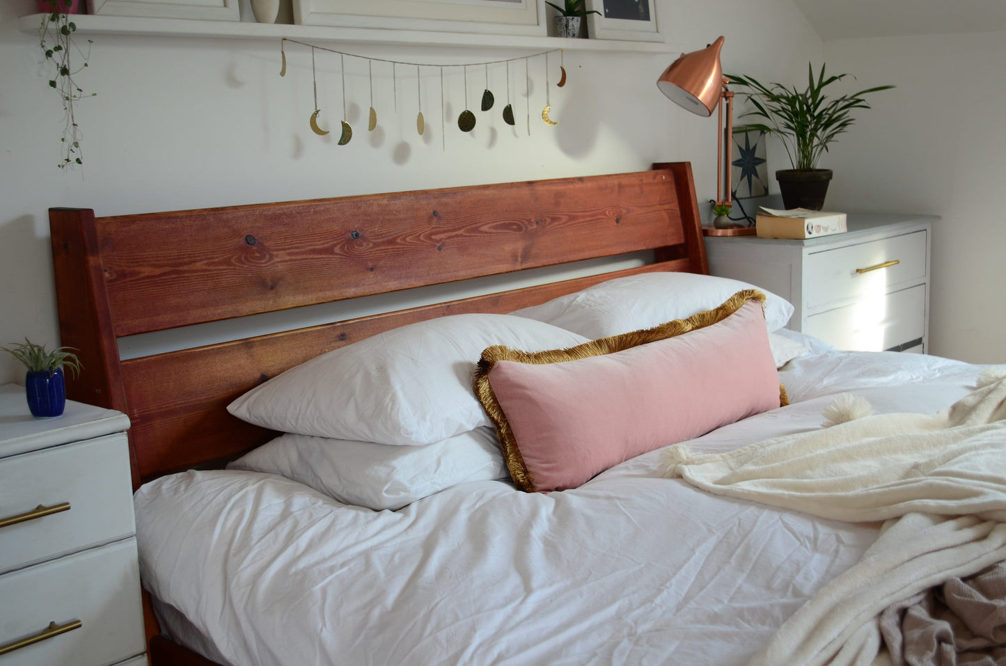 Long lumbar pillow // blush velvet long lumbar pillow // pink and gold pillow // gold fringe pillow