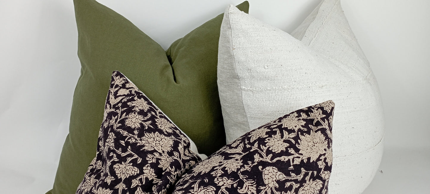 Block print pillow, block print black floral pillow, block print cushion, neutral throw pillow, designer pillow