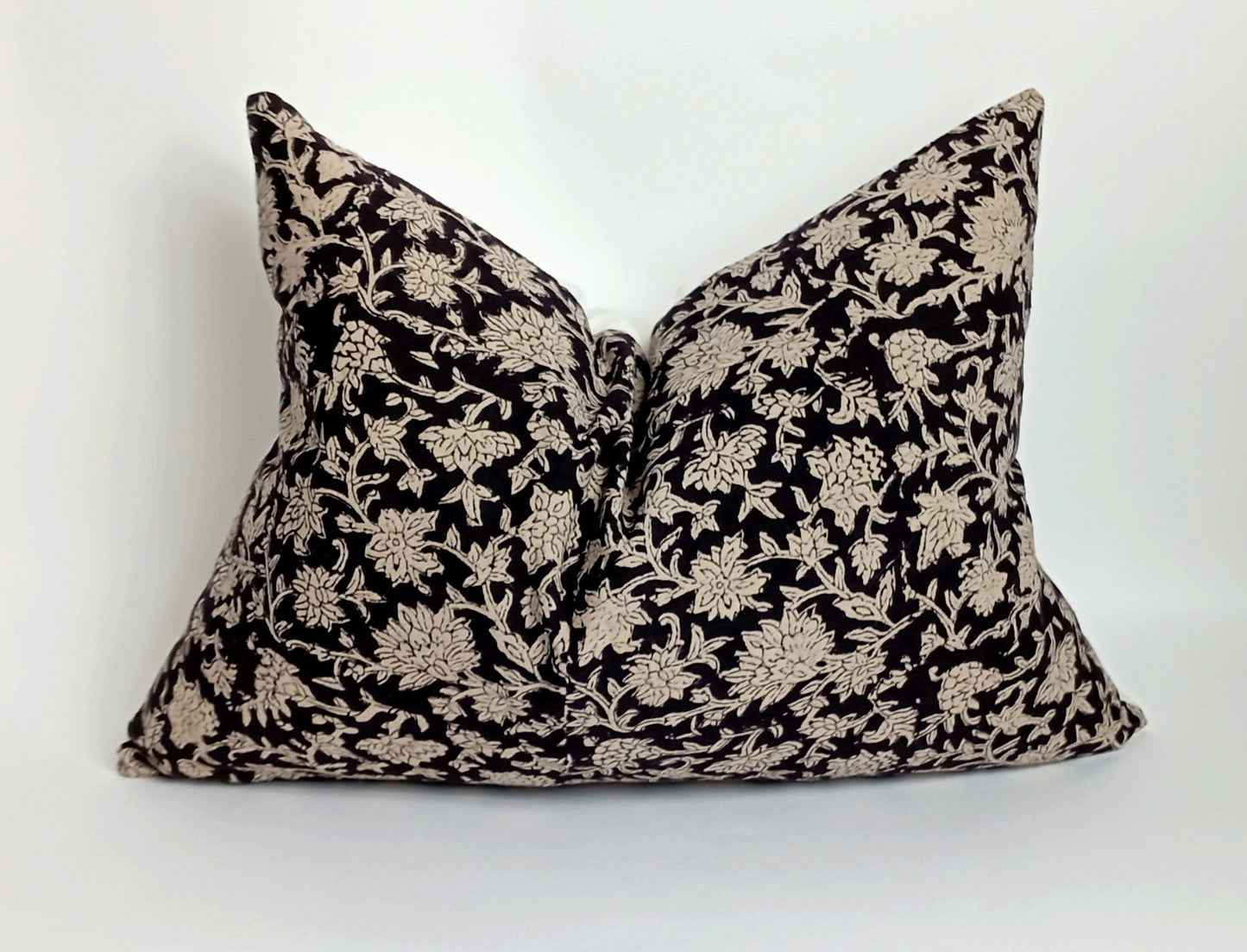Black block print floral pillow, black floral pillow