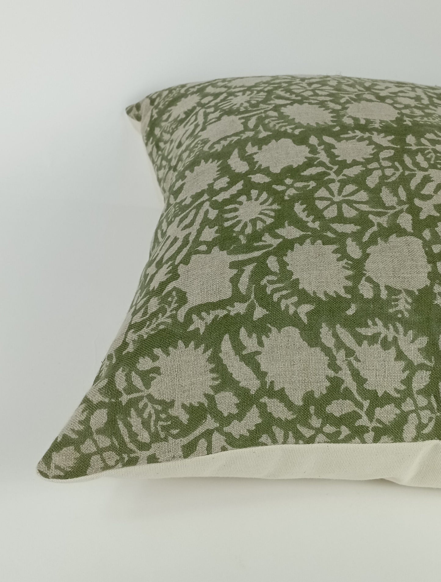 green floral block print pillow, green floral pillow, green block print cushion
