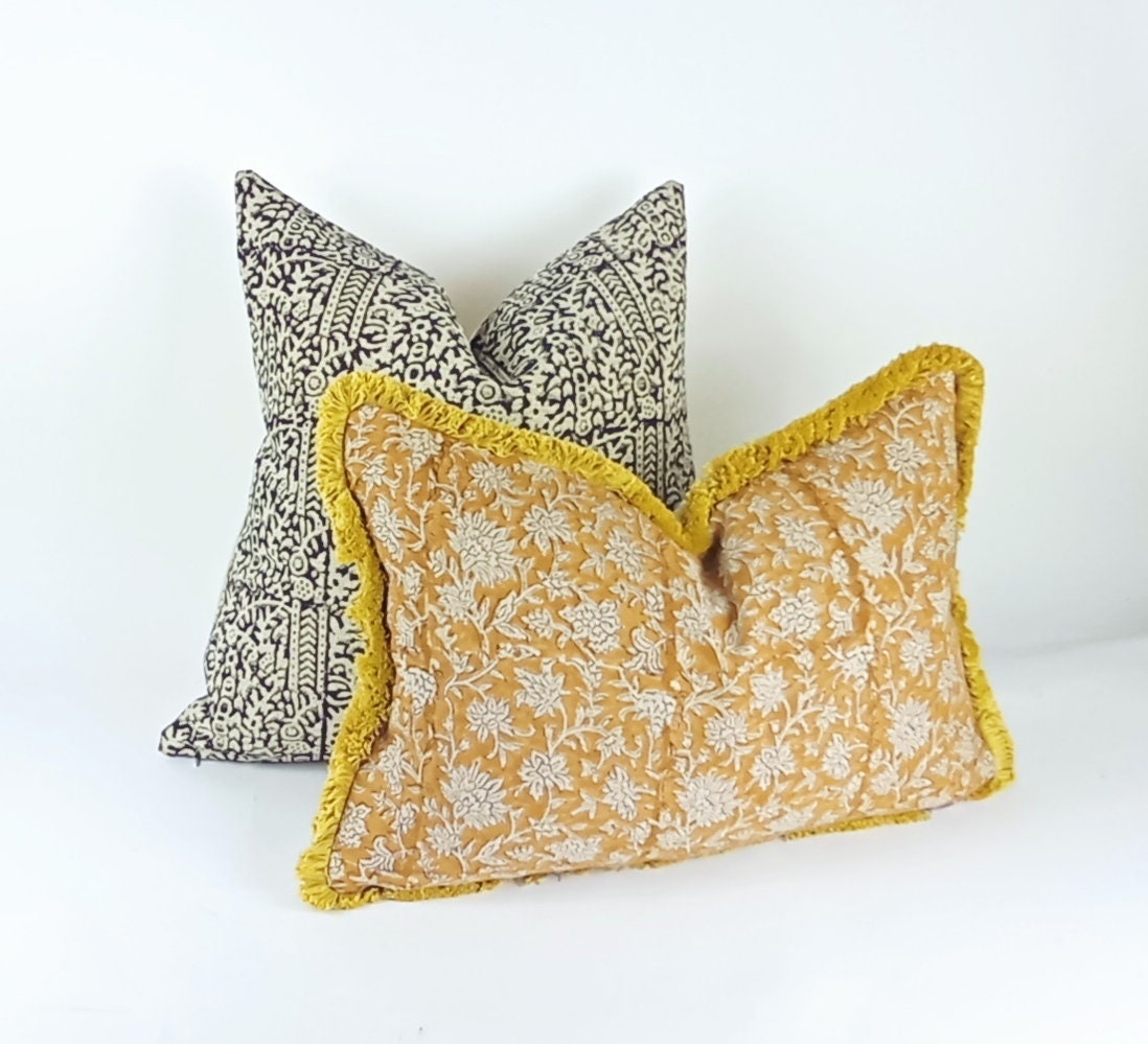 Block print pillow, block print fabric, yellow block print pillow, block print cushion, mustard linen pillow