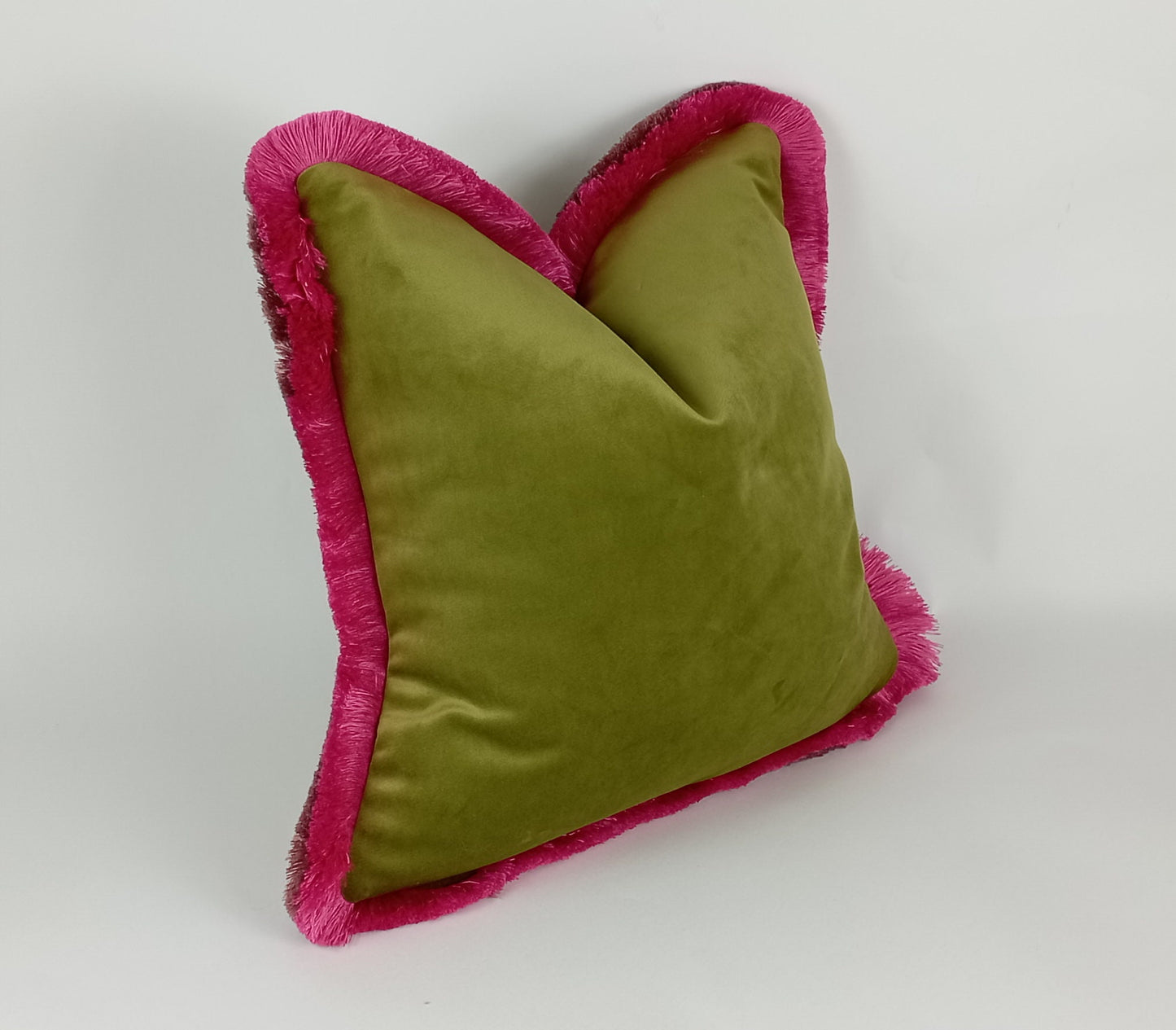 olive green with pink brush fringe pillow, green and pink velvet cushion, green fringe cushion, green and pink cushion