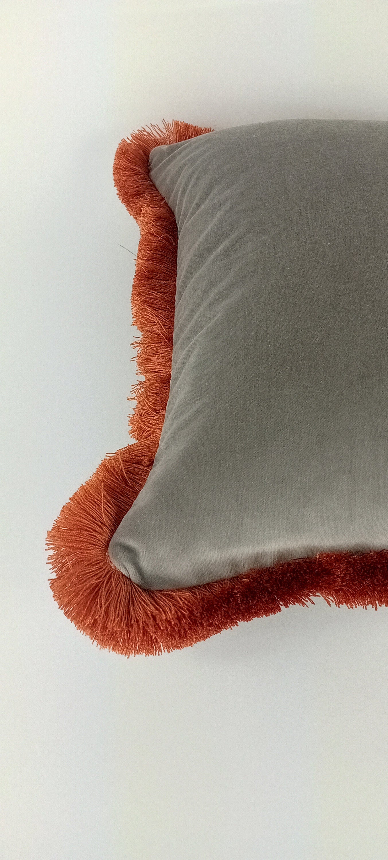 Grey and orange velvet pillow, grey velvet cushion, grey and orange pillow, orange fringed pillow, grey brush fringe, grey velvet pillow