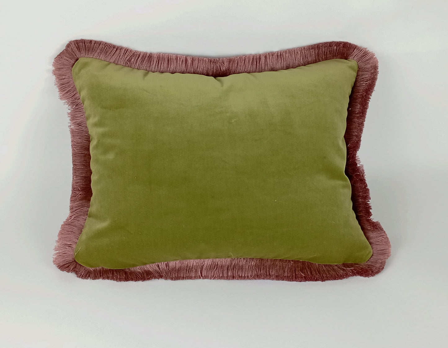Sage green with dusty pink fringe velvet pillow, green and pink velvet cushion, velvet fringe pillow, green and pink cushion