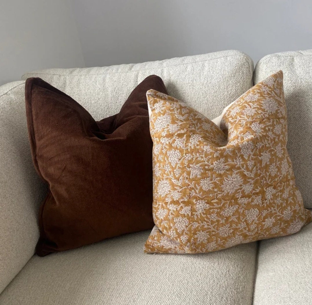 Mustard block print pillow, yellow block print pillow, block print cushion
