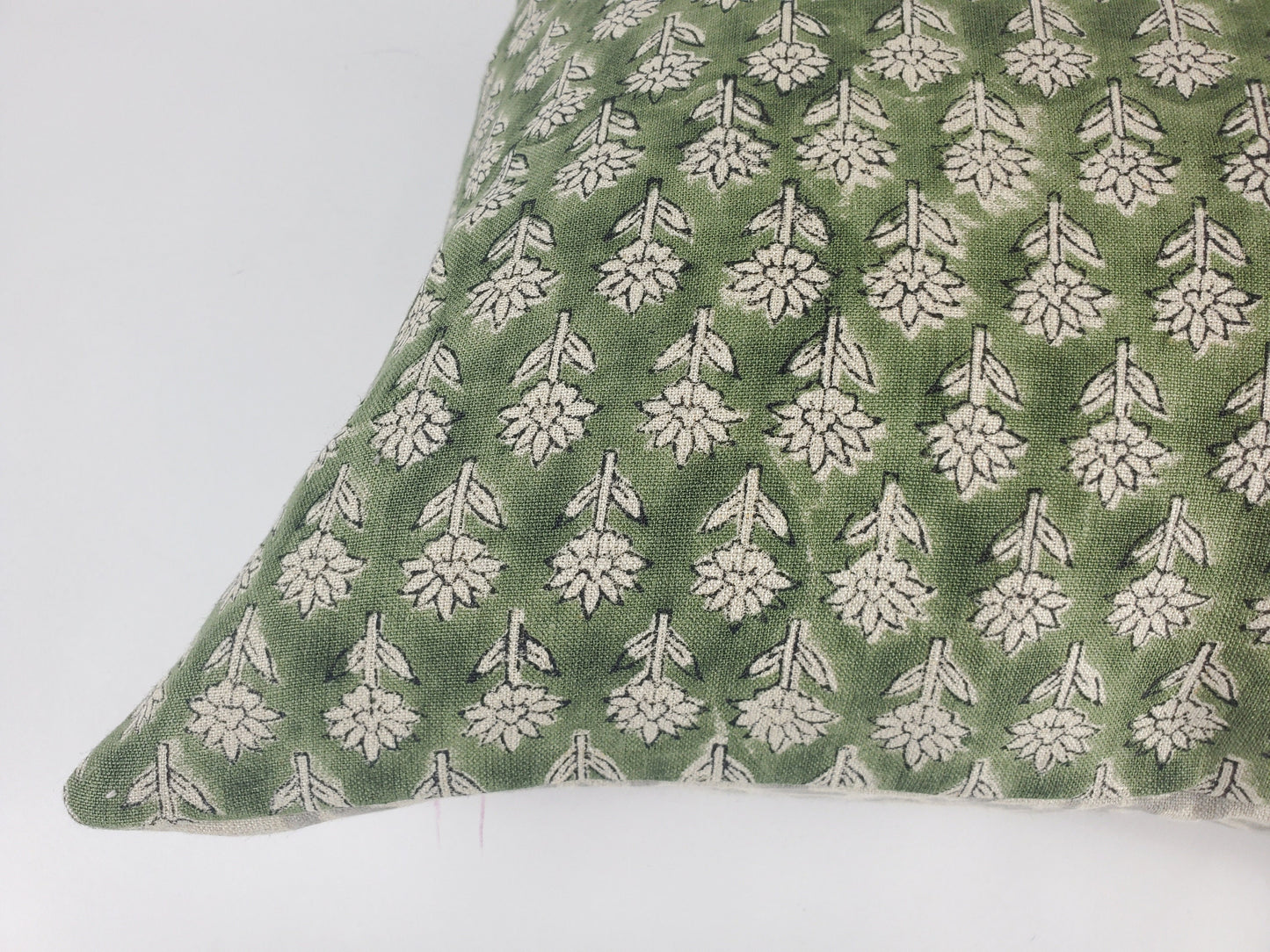 Green block print pillow, block print green floral pillow, block print cushion, neutral throw pillow, designer pillow