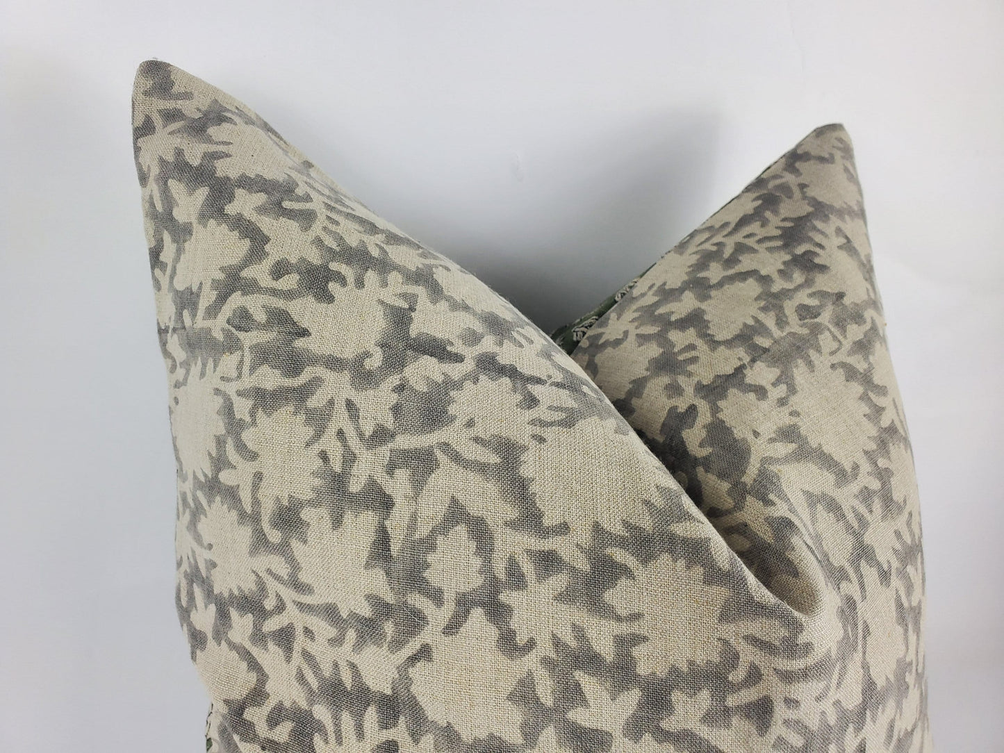 Grey block print pillow, block print grey floral pillow, block print cushion, neutral throw pillow, designer pillow