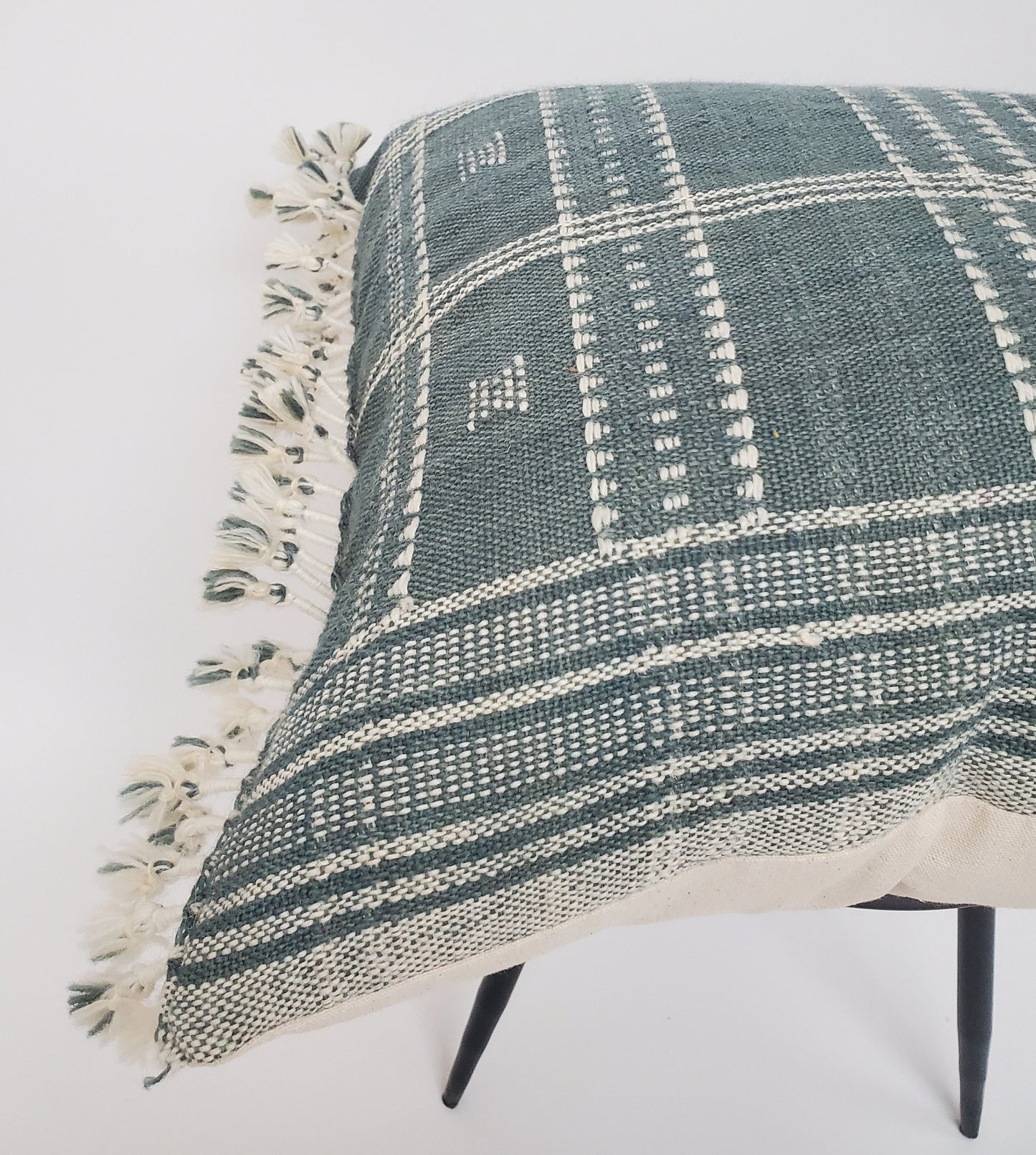 Long lumbar pillow, Bhujodi pillow, blue grey bhujodi cushion, Indian wool pillow, woven wool cushion