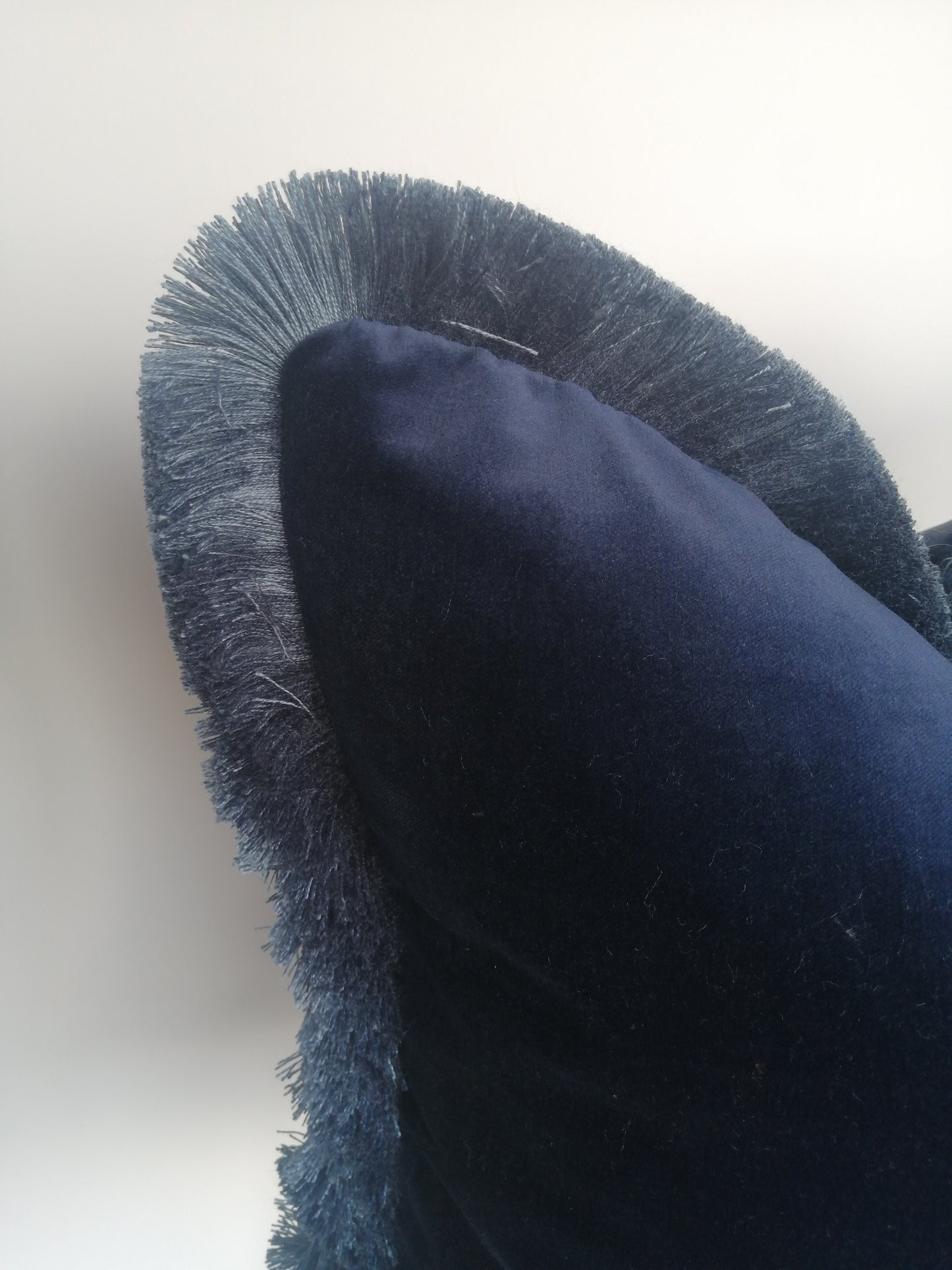 Midnight blue brush fringe pillow // midnight blue velvet pillow // velvet fringed cushion