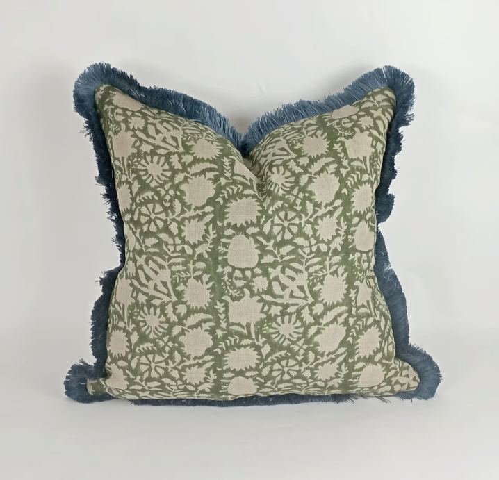 Green block print pillow with blue fringe trim, green floral pillow, green block print cushion