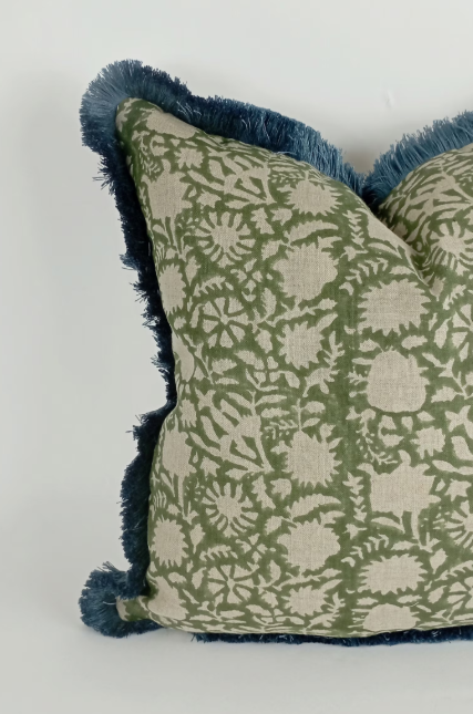 Green block print pillow with blue fringe trim, green floral pillow, green block print cushion