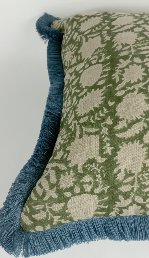 Green block print pillow with blue fringe trim, green floral pillow, green block print cushion