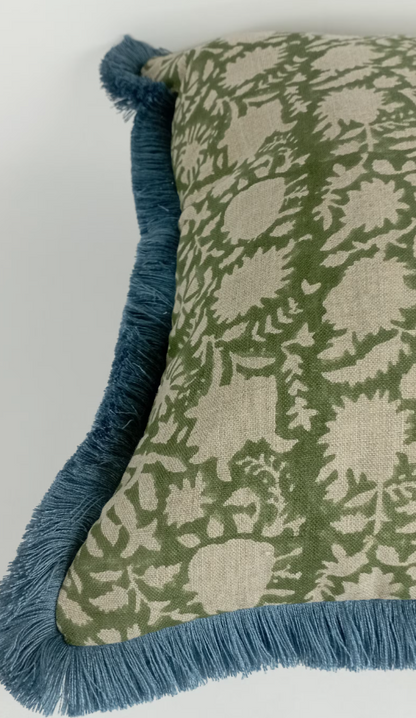 Green block print pillow with blue fringe trim, green floral pillow, green block print cushion