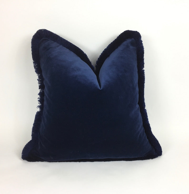 Midnight blue brush fringe pillow // midnight blue velvet pillow // velvet fringed cushion