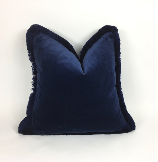 Midnight blue brush fringe pillow // midnight blue velvet pillow // velvet fringed cushion