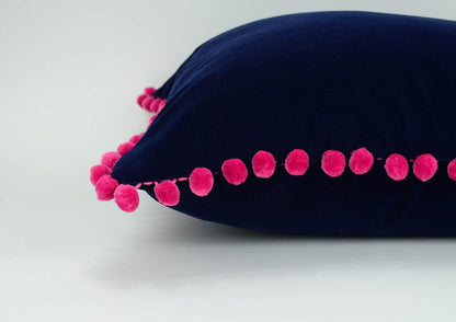 Pink pom pom pillow // navy and pink pom pom pillow // navy velvet cushion // pink pom poms cushion // fuschia pom poms cushion
