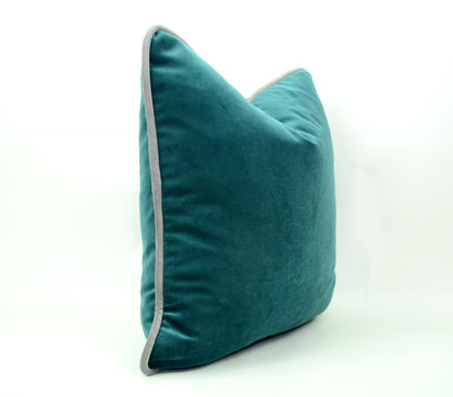 Teal green velvet pillow // green and grey velvet pillow // grey piping cushion case
