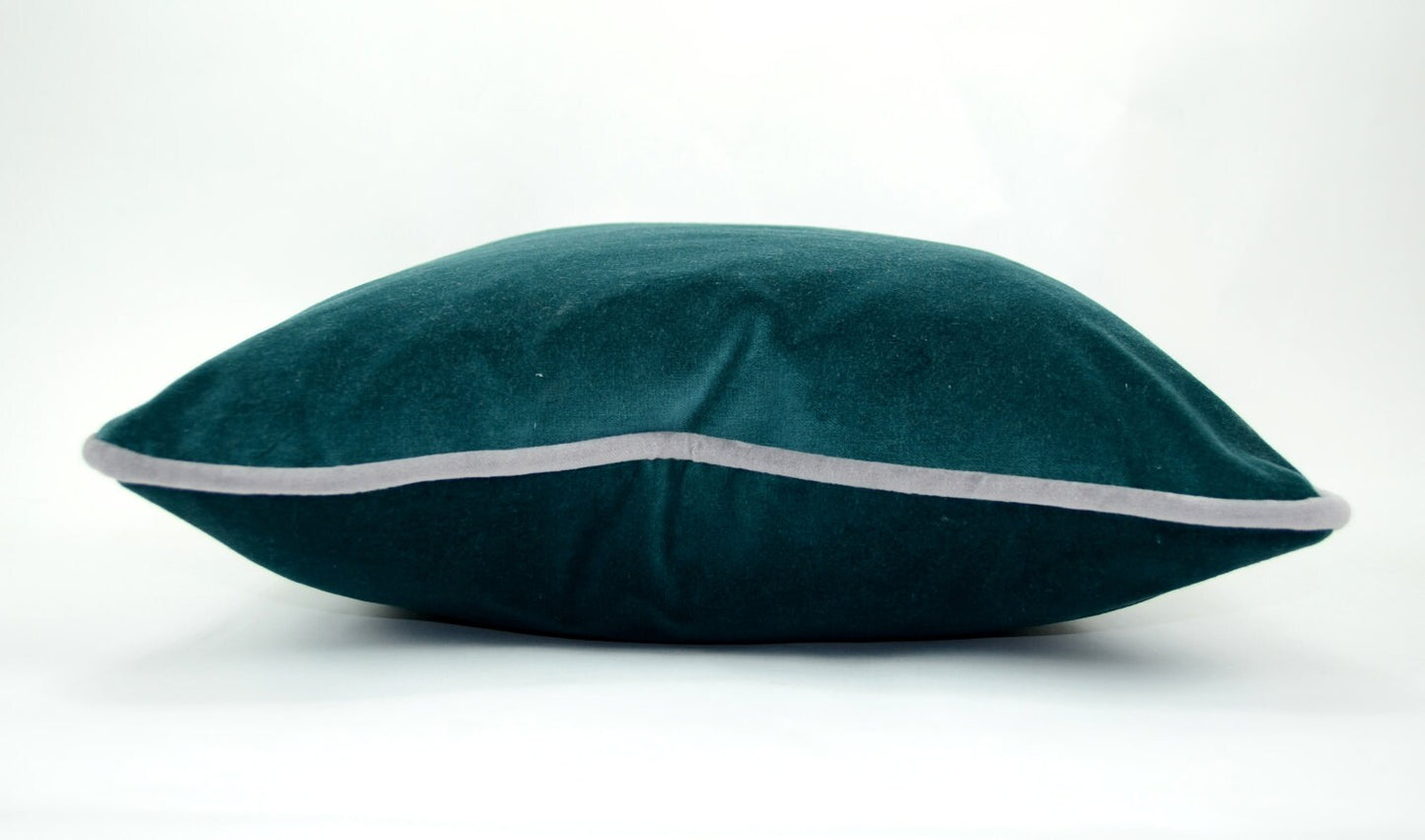 Teal green velvet pillow // green and grey velvet pillow // grey piping cushion case