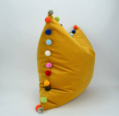 Pom pom cushion // jumbo pom pom pillow // mustard velvet pom cushion // yellow pom pom pillow