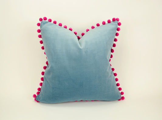 blue velvet pom pom pillow // pink pom pom cushion // blue and pink pillow
