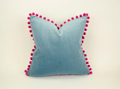 Blue velvet pom pom pillow // pink pom pom cushion // blue velvet with pink pom poms pillow