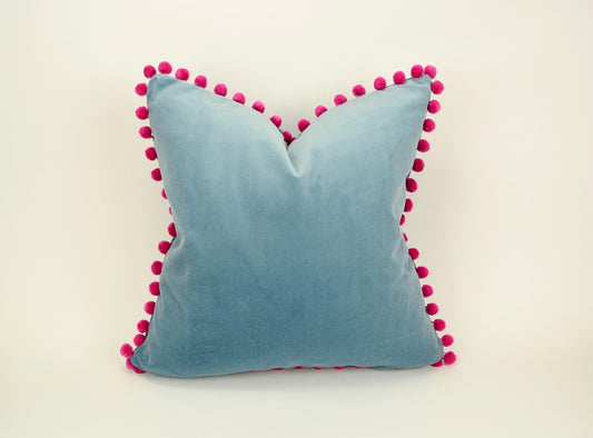 Blue velvet pom pom pillow // pink pom pom cushion // blue velvet with pink pom poms pillow