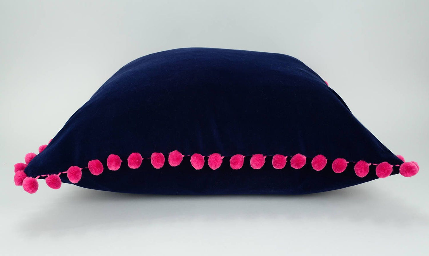 Pink pom pom pillow // navy and pink pom pom pillow // navy velvet cushion // pink pom poms cushion // fuschia pom poms cushion