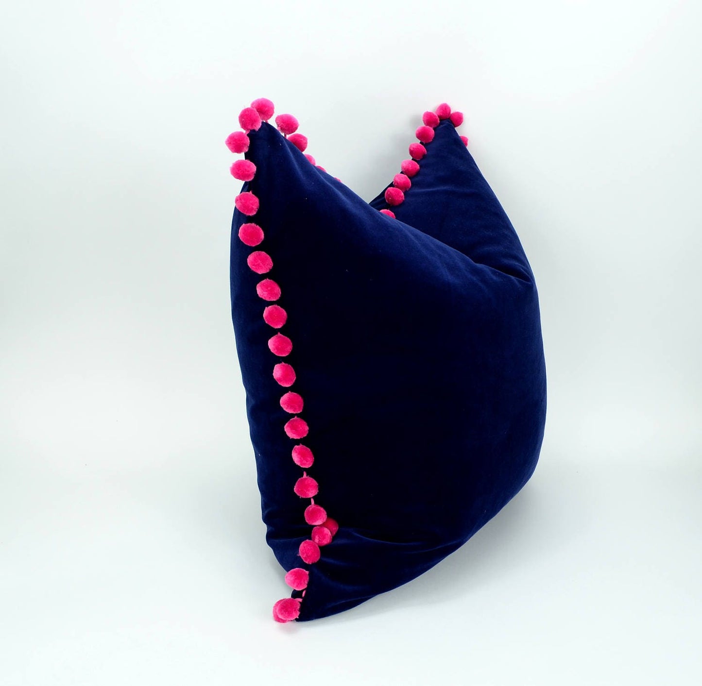Pink pom pom pillow // navy and pink pom pom pillow // navy velvet cushion // pink pom poms cushion // fuschia pom poms cushion
