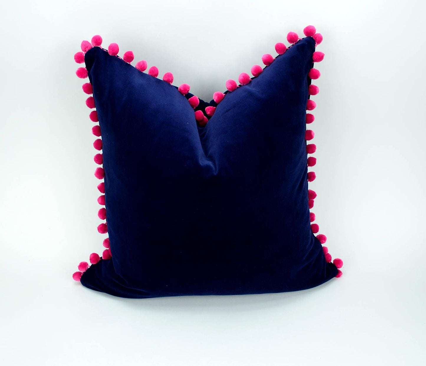 Pink pom pom pillow // navy and pink pom pom pillow // navy velvet cushion // pink pom poms cushion // fuschia pom poms cushion