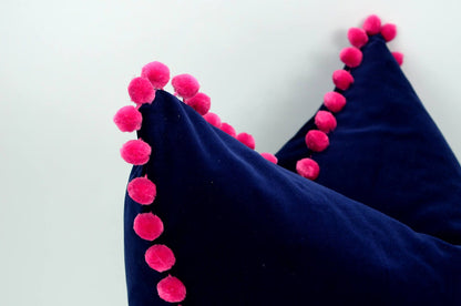 Pink pom pom pillow // navy and pink pom pom pillow // navy velvet cushion // pink pom poms cushion // fuschia pom poms cushion