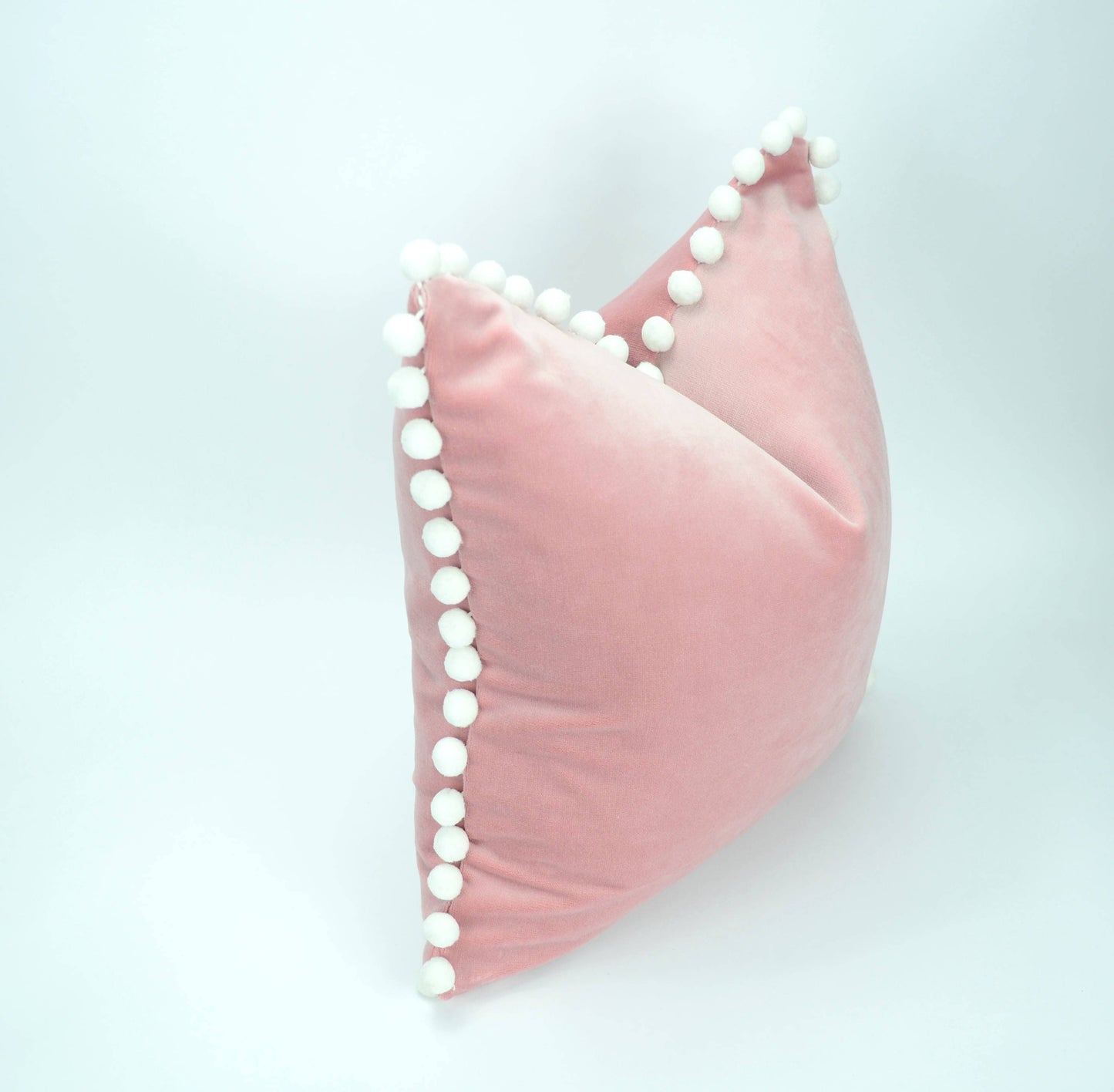 Blush velvet with white pom poms // blush with white pom poms // pink pillow with white pom poms // pink and white // white pom poms