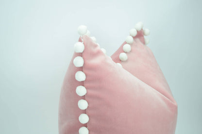 Blush velvet with white pom poms // blush with white pom poms // pink pillow with white pom poms // pink and white // white pom poms
