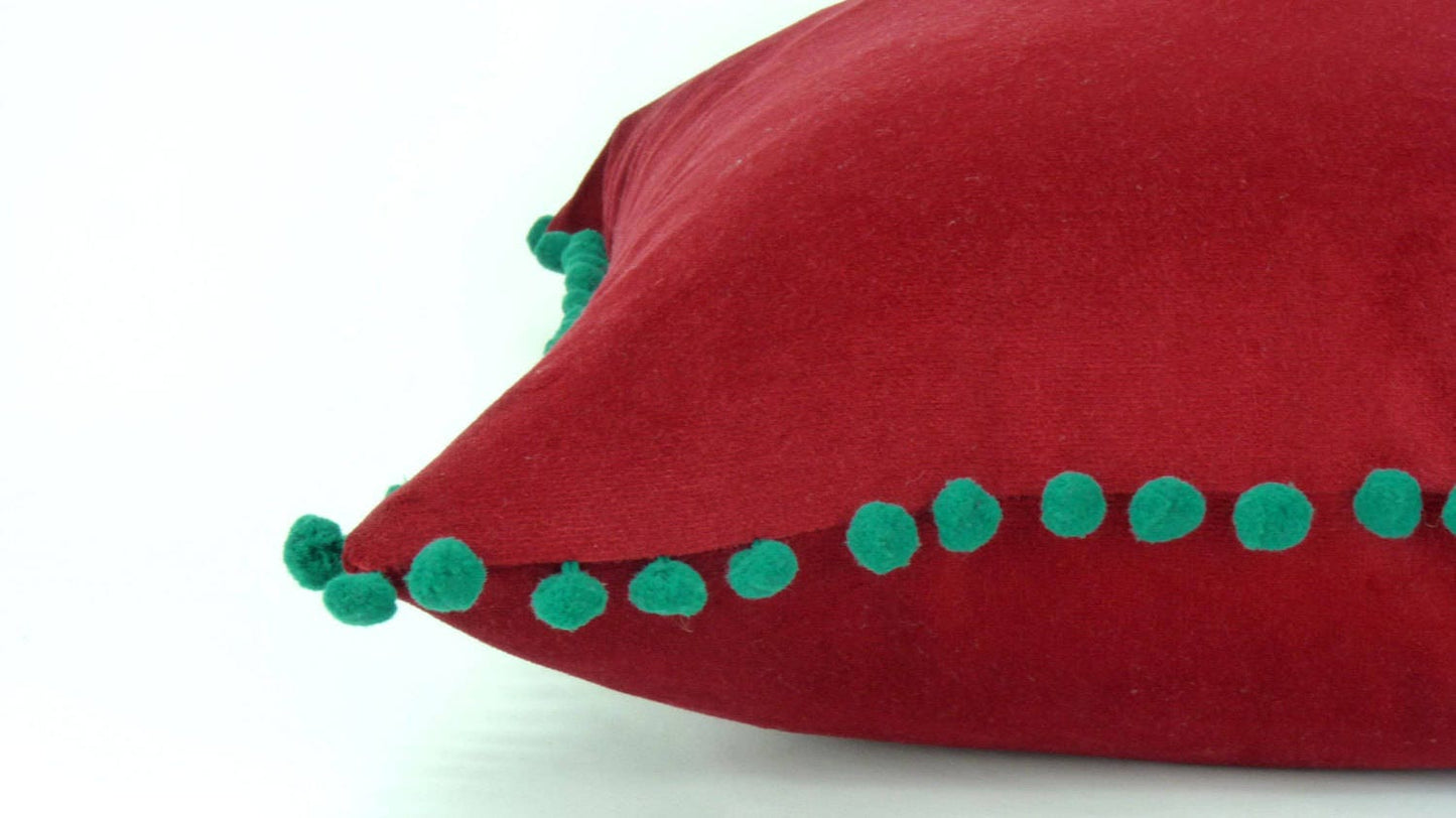 Christmas pillow // festive decor // red and green pillow case // Red Velvet Cushion case // pom pom pillow