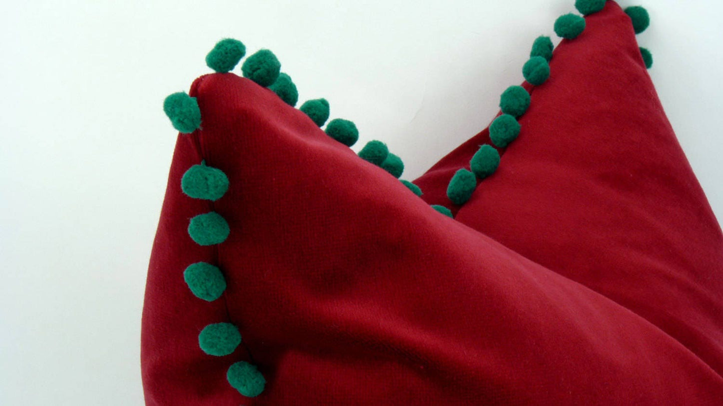Christmas pillow // festive decor // red and green pillow case // Red Velvet Cushion case // pom pom pillow