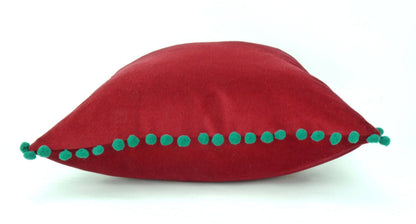 Christmas pillow // festive decor // red and green pillow case // Red Velvet Cushion case // pom pom pillow
