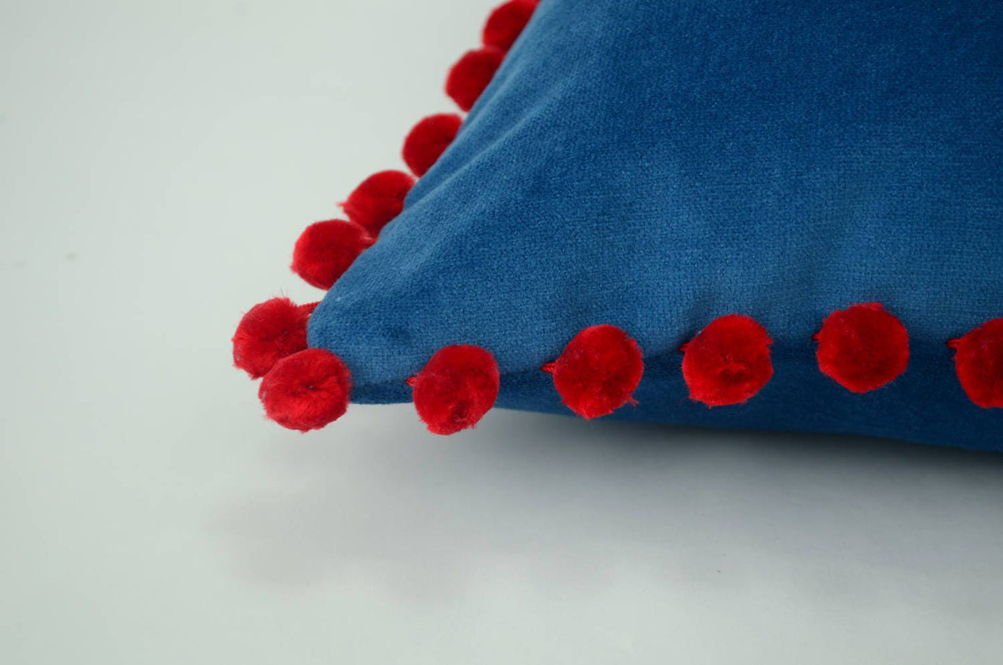 Blue pillow with red pom poms // velvet pom pom pillow //  blue and red pom cushion // blue pom poms pillow // red pom poms cushion