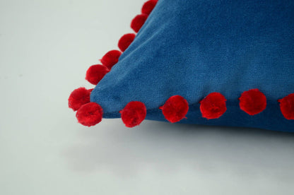 Blue pillow with red pom poms // velvet pom pom pillow //  blue and red pom cushion // blue pom poms pillow // red pom poms cushion