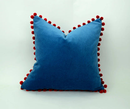Blue pillow with red pom poms // velvet pom pom pillow //  blue and red pom cushion // blue pom poms pillow // red pom poms cushion