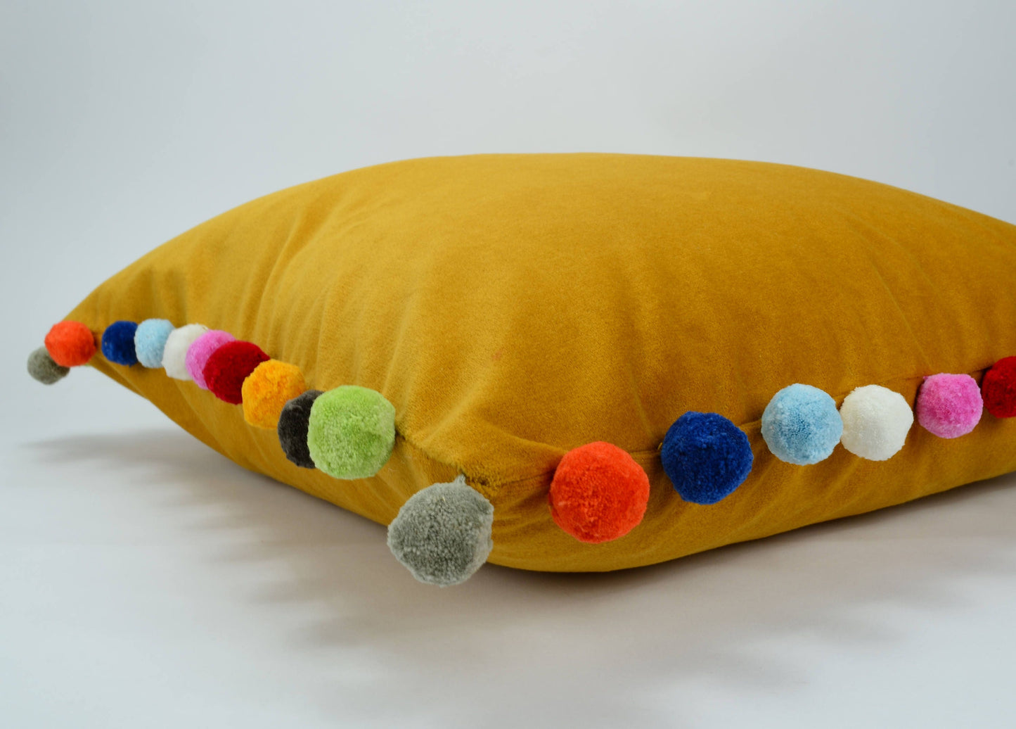 Pom pom pillow // jumbo pom pom pillow // velvet pom cushion // yellow pom pom pillow