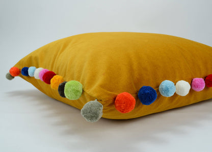 Pom pom pillow // jumbo pom pom pillow // velvet pom cushion // yellow pom pom pillow