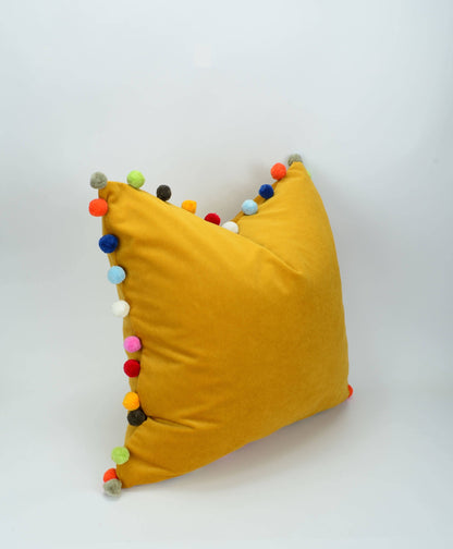 Pom pom cushion // jumbo pom pom pillow // mustard velvet pom cushion // yellow pom pom pillow