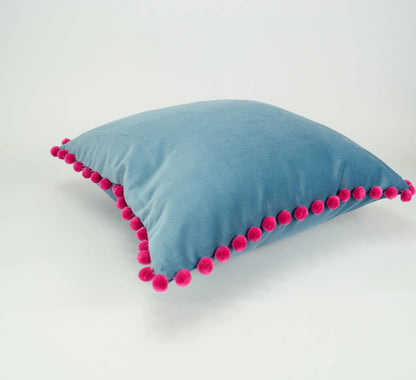 Blue velvet pom pom pillow // pink pom pom cushion // blue velvet with pink pom poms pillow