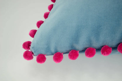 Blue velvet pom pom pillow // pink pom pom cushion // blue velvet with pink pom poms pillow