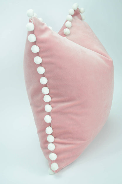 Blush velvet with white pom poms // blush with white pom poms // pink pillow with white pom poms // pink and white // white pom poms