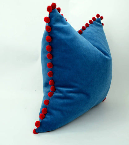 Blue pillow with red pom poms // velvet pom pom pillow //  blue and red pom cushion // blue pom poms pillow // red pom poms cushion
